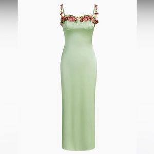 BRAND NEW Commense Green Satin with Floral Embroidery Midi Dress